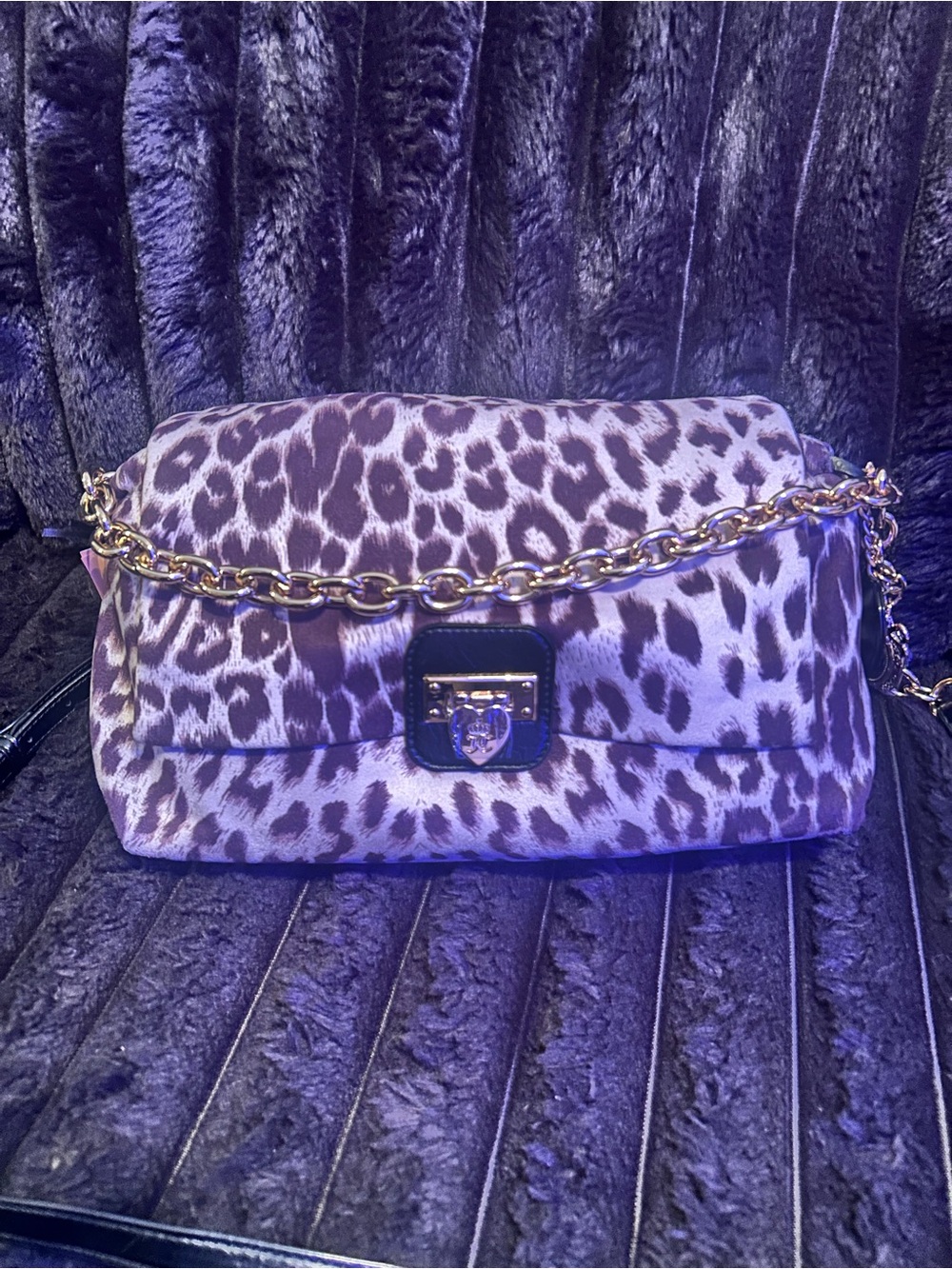 Juicy Snow Leopard Print Chain Shoulder Bag in Brown and Cream
